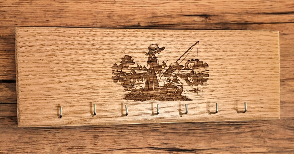 Red Oak Key Rack - Amish Boy & Girl Fishing - Homestead Treasures